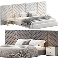 Modern Double Bed with Chevron Pattern Headboard Gray Bedding and Wooden Nightstands 3d model