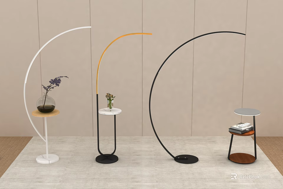 Modern Arc Floor Lamps with Side Tables Decorative Vases and Plants 3d model 
