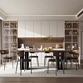 Modern Restaurant Interior Featuring White Cabinets Glass Shelves Wooden Dining Table Plant And Natural Light