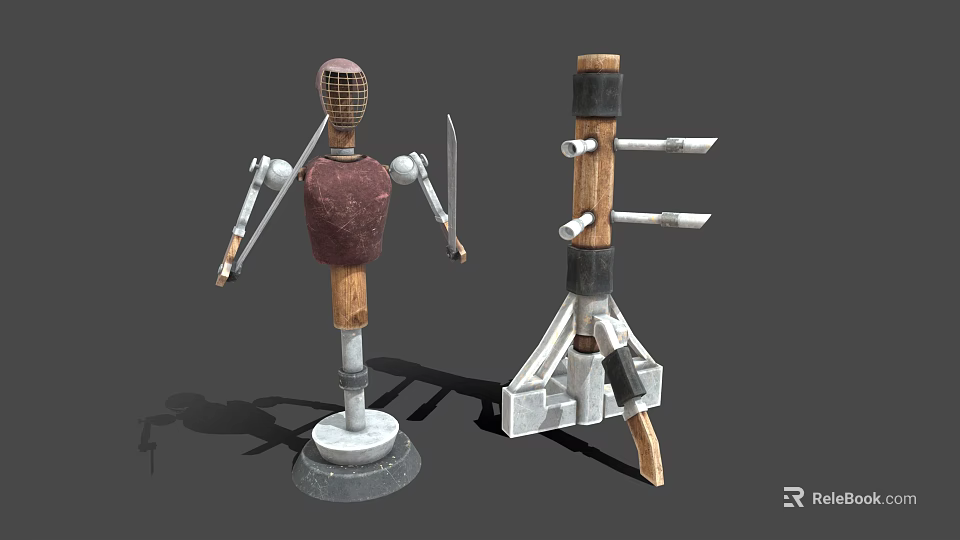 Wooden Metal Training Weapon Target With Humanoid Structure And Multiple Knives On Stand Rack 3d model 