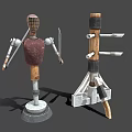 Wooden Metal Training Weapon Target With Humanoid Structure And Multiple Knives On Stand Rack