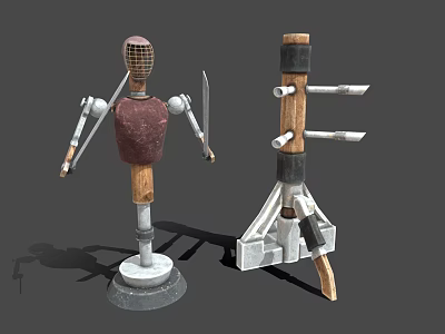 Wooden Metal Training Weapon Target With Humanoid Structure And Multiple Knives On Stand Rack 3d model