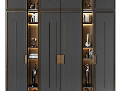 Modern Luxury Wardrobe with Illuminated Open Shelves Gold Accents and Decorative Items 3d model