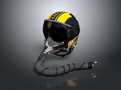 Yellow And Black Flight Helmet With Transparent Visor And Coiled Tube 3d model