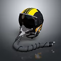 Yellow And Black Flight Helmet With Transparent Visor And Coiled Tube