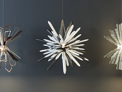 Unique Shaped Pendant Lights With Radiant Petal Like Structure Hanging On Dark Wall 3d model