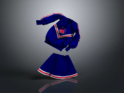 Blue Cheerleading Uniform with Top Skirt Red White Stripes on Sleeves Hem and Chest Logo 3d model