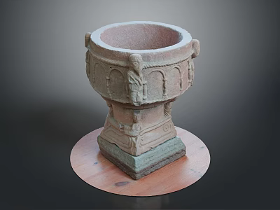 Carved Stone Basin With Square Base And Intricate Carvings On Wooden Platform 3d model