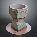 Carved Stone Basin With Square Base And Intricate Carvings On Wooden Platform