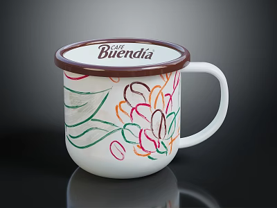 Colorful Floral Patterned Mug With Brown Lid And White Ceramic Body 3d model