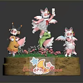 Colorful Fantasy Creatures on Round Base with Grass Flowers Stars and Chlorite Moon