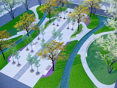 Scenic Square Landscape With Curved Paths Colorful Trees Green Lawns And Water Stream 3d model