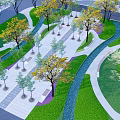 Scenic Square Landscape With Curved Paths Colorful Trees Green Lawns And Water Stream