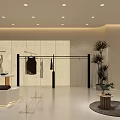 Modern Clothing Store Interior With Hanging Clothes Racks Mirror Decorative Plants And Lighting