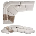 Modern Beige Sectional Sofa With Curved Design Soft Pillows And Throw Blanket