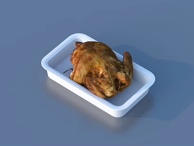 Golden Roasted Chicken Placed in White Rectangular Tray on Blue Surface 3d model