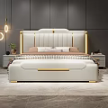 Modern Bedroom Interior With White Bed Golden Lines Nightstand And Pendant Lights