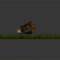 Green Grass Field With Copper Pot And Claw Like Structures On Red Ground