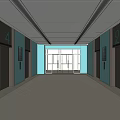 Modern Elevator Hallway With Light Blue Walls Ceiling Light Strips Shiny Floors And Windows 3d model