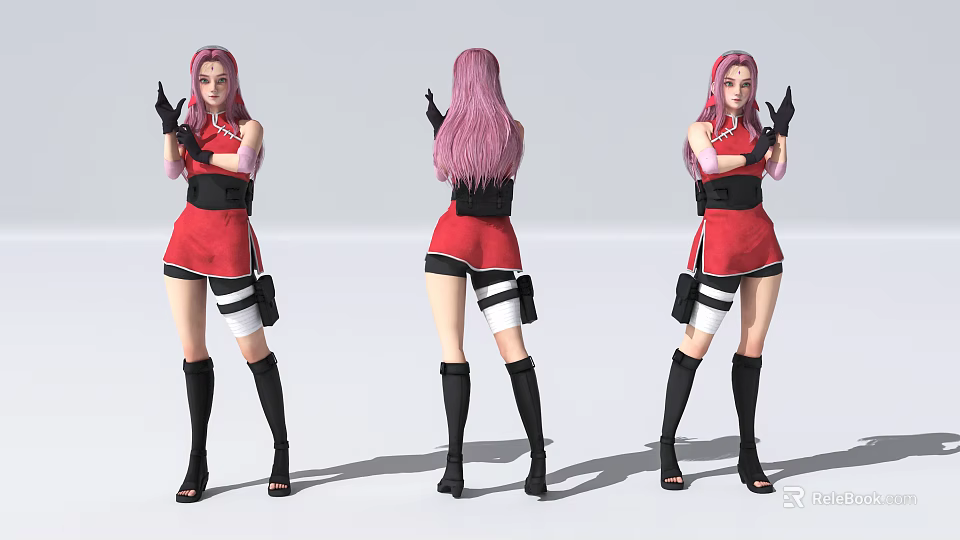Pink Haired Female Character With Red Outfit Black Boots White Straps And Multiple Poses 3d model 