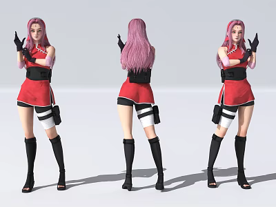 Pink Haired Female Character With Red Outfit Black Boots White Straps And Multiple Poses 3d model