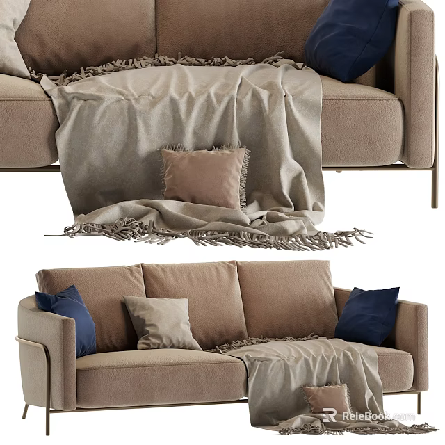 Two Seater Sofa With Beige Upholstery Blue Brown Pillows And Soft Blanket 3d model 