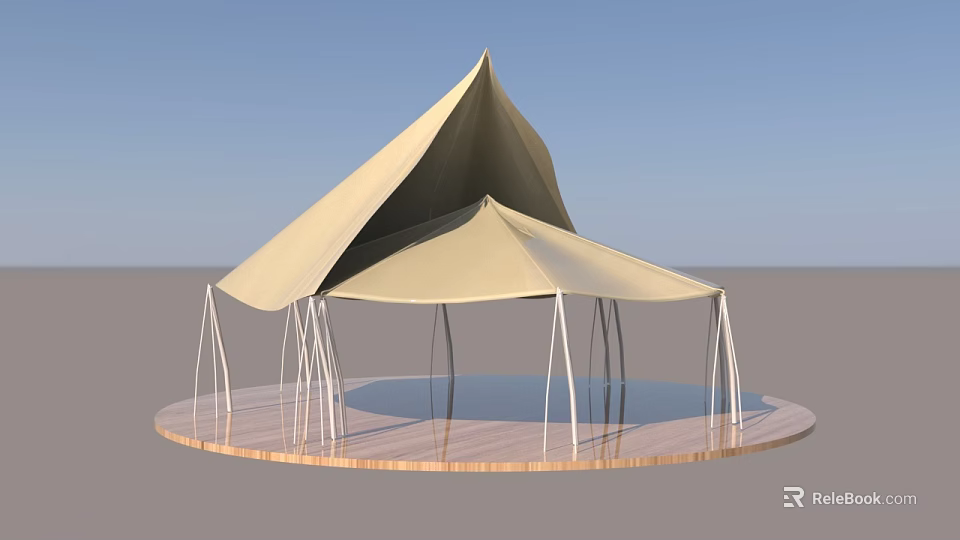 Two Beige Tents with Pole Supports on Circular Wooden Platform under Clear Blue Sky 3d model 