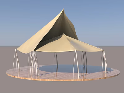 Two Beige Tents with Pole Supports on Circular Wooden Platform under Clear Blue Sky 3d model