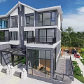 Modern Detached Villa With Large Glass Windows Balconies And Lush Garden Surroundings