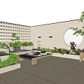 Modern Garden Landscape with Lattice Wall Circular Decorative Wall and Green Plants in Outdoor Courtyard
