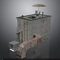 Roof Top Terrace Structure With Pink Umbrella Yellow Ladder Green Mat And Red Pipes