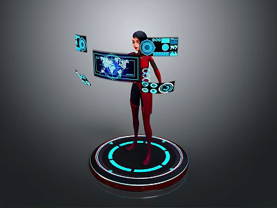 Woman Interacting With Floating Holographic Data Screens On Circular Tech Platform 3d model