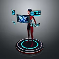 Woman Interacting With Floating Holographic Data Screens On Circular Tech Platform