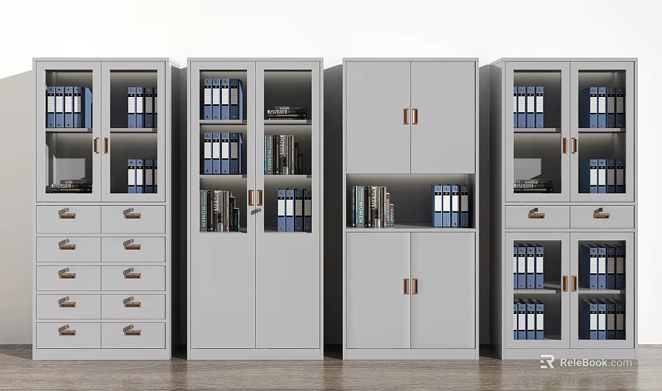 Modern Gray Bookcases With Open Shelves Cabinet Doors And Drawers Filled With Books And Binders 3d model 