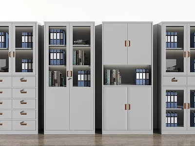 Modern Gray Bookcases With Open Shelves Cabinet Doors And Drawers Filled With Books And Binders 3d model