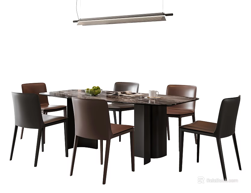 Modern Dining Table Set With Brown Leather Chairs Marble Tabletop Fruit Cups And Pendant Light 3d model