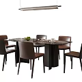 Modern Dining Table Set With Brown Leather Chairs Marble Tabletop Fruit Cups And Pendant Light 3d model