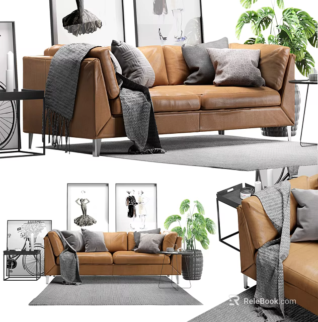 Brown Leather Two Seater Sofa With Gray Throw Pillows Blanket Potted Plant And Side Table 3d model 