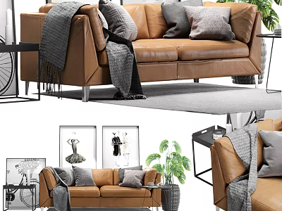 Brown Leather Two Seater Sofa With Gray Throw Pillows Blanket Potted Plant And Side Table 3d model