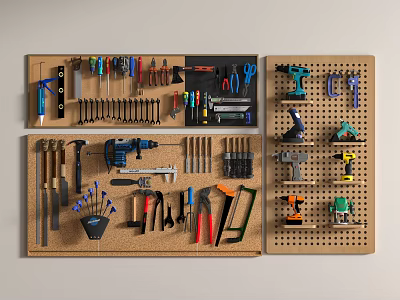 Organized Hardware Tools Collection on Pegboard with Drill Hammer Pliers and Screwdrivers 3d model