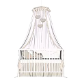 White Baby Crib With Purple Canopy Frilled Edges And Soft Bedding
