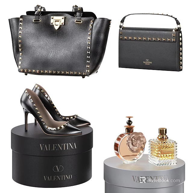 Stylish Valentino Black Leather Bags With Studs And Matching Wallet Case 3d model 