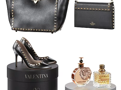 Stylish Valentino Black Leather Bags With Studs And Matching Wallet Case 3d model