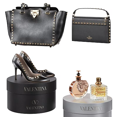 Stylish Valentino Black Leather Bags With Studs And Matching Wallet Case 3d model