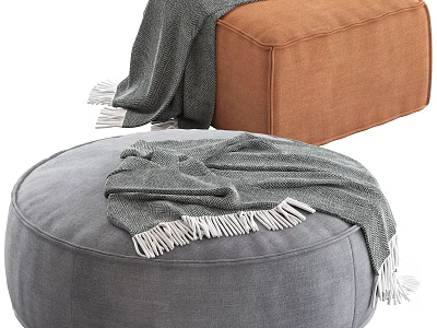 Round Gray and Square Brown Ottomans with Fringed Blankets on Top 3d model