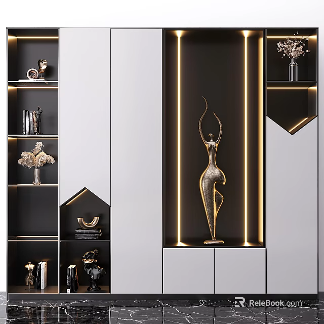 Modern Decorative Cabinet With LED Strip Lighting And Golden Sculpture On Shelves 3d model 