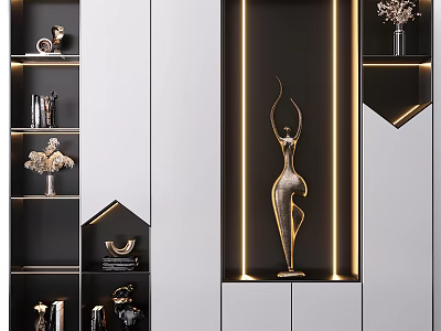 Modern Decorative Cabinet With LED Strip Lighting And Golden Sculpture On Shelves 3d model