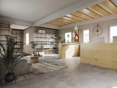 Modern Hotel Public Lounge Area With Wooden Ceiling Bookshelves And Green Plants 3d model