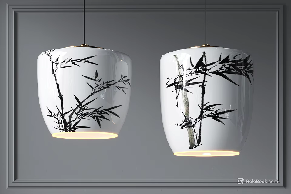 White Ceramic Pendant Lights With Black Bamboo Pattern Hanging On Gray Wall 3d model