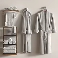 Folded and Rolled Towels on Display Shelf with Hanging Bathrobes 3d model
